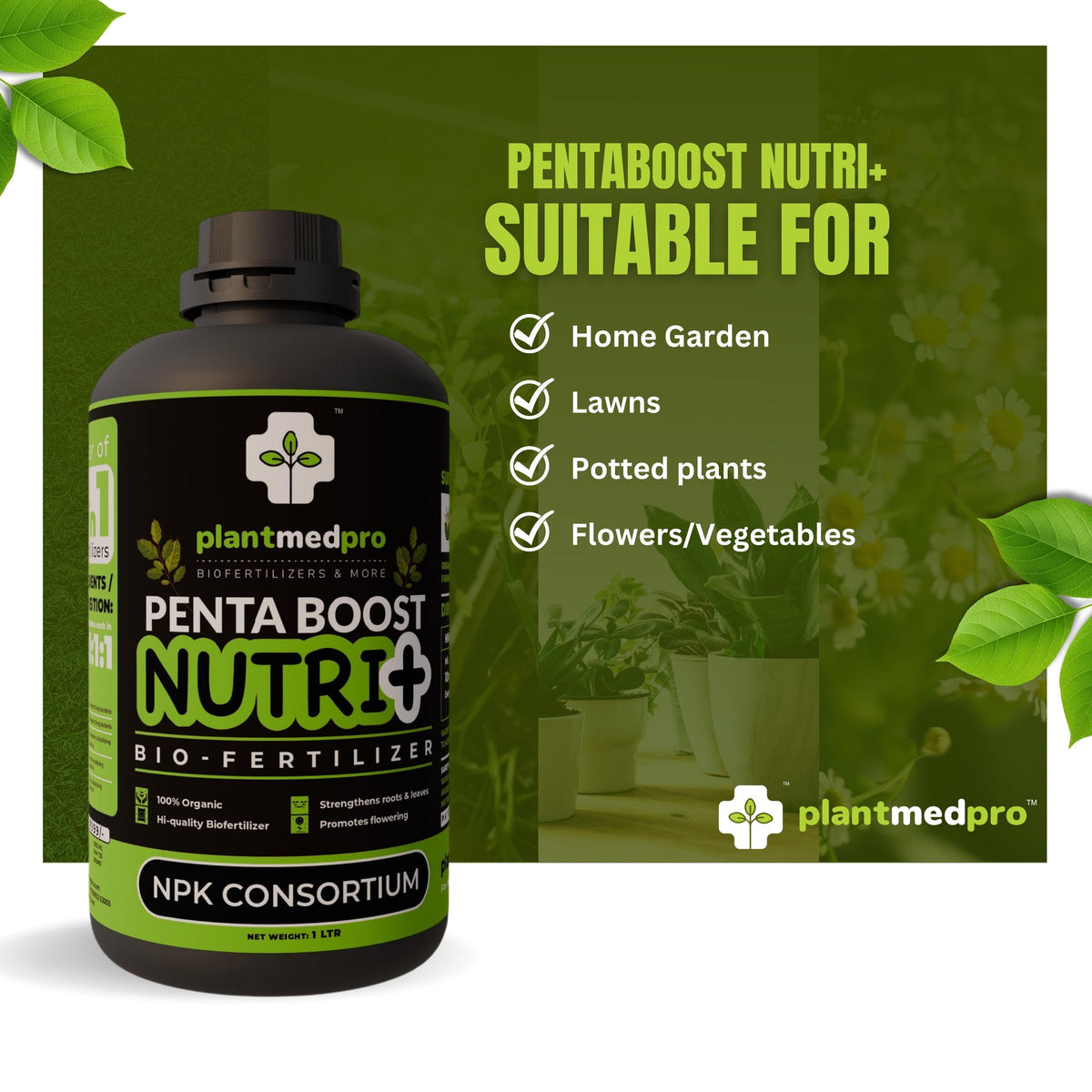 Plantmedpro™ Penta Boost Nutri+ 5-in-1 Biofertilizer - NPK & Zinc Mobilizing Microbes for Complete Plant Nutrition, Growth & Blooms | Organic fertilizer for home garden, pot plants (2 Litre)